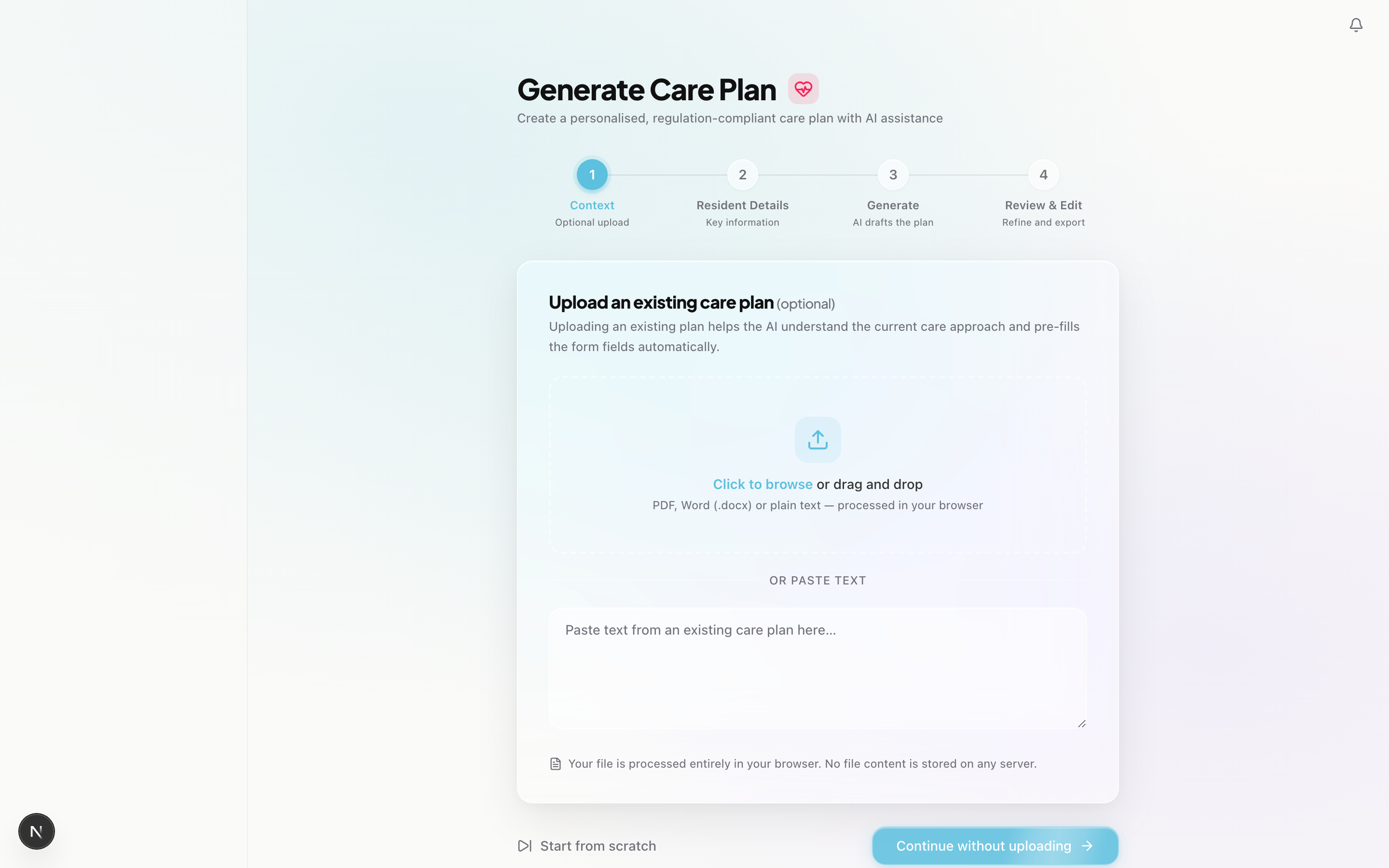 Care plan writer with person-centred sections and SMART goals